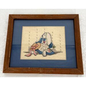 Vintage Cross Stitch Bunny In Wooden Frame with Navy Blue Mat
